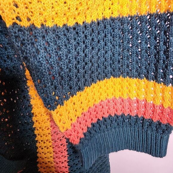 4X 26W Torrid Green Yellow Stripe Open Stitch Pullover Sweater Pocket Fringe lon - Picture 2 of 10